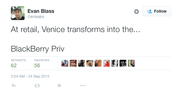 BlackBerry Venice to be BlackBerry Priv Twitter evleaks