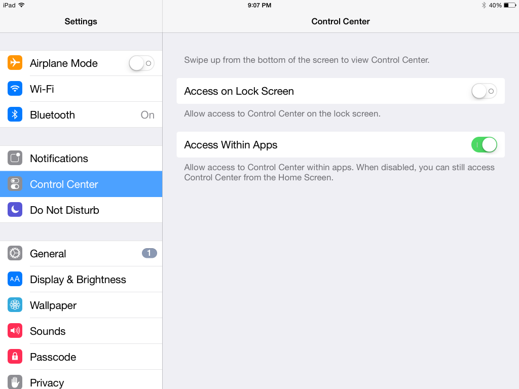 how to access control center within apps in iOS 2