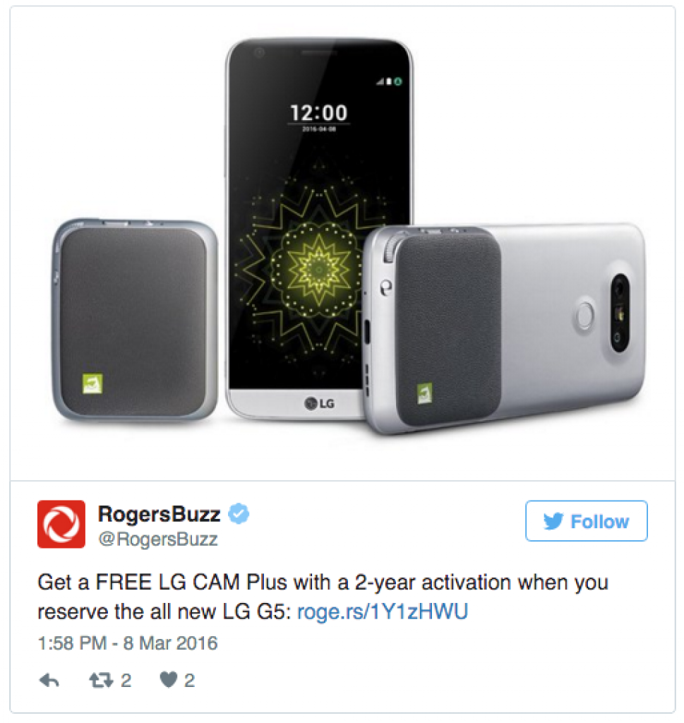 LG G5 cam plus free deal Rogers Canada