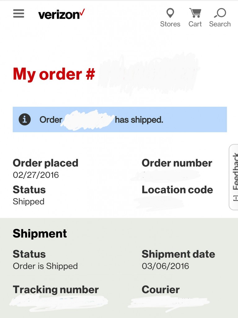 Verizon Galaxy S7 edge shipping confirmation