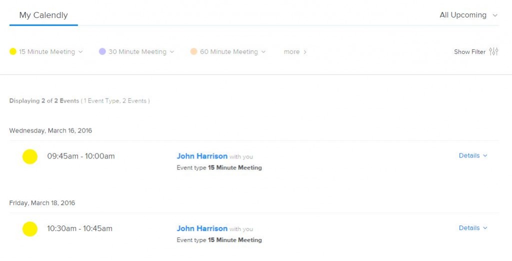 my calendly dashboard with-scheduled appointements