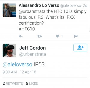 HTC 10 IP53 splash resistance rating