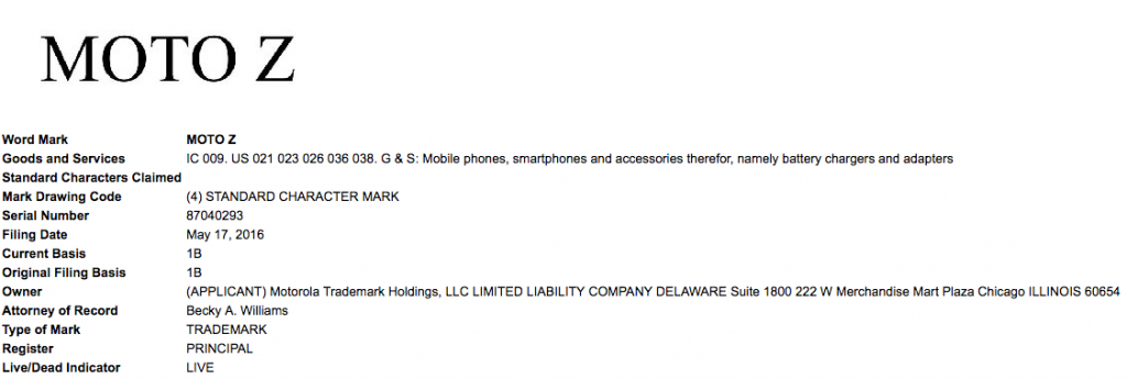 Moto Z trademark patent Motorola