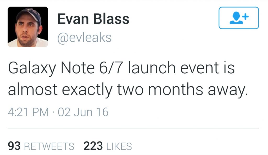 Galaxy Note 7 launch date evleaks twitter