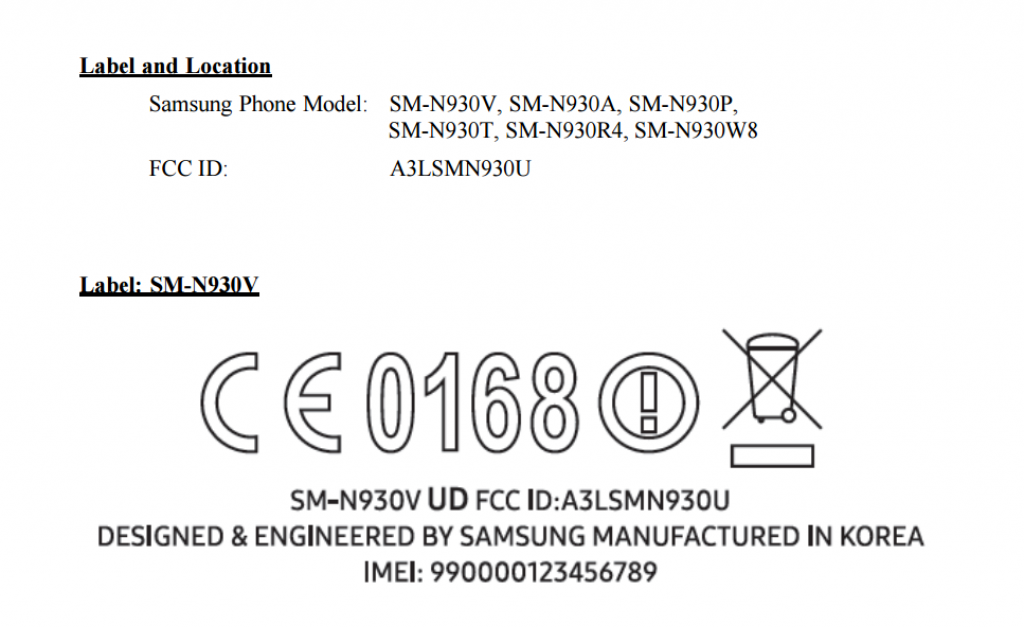 Galaxy Note 7 model number FCC