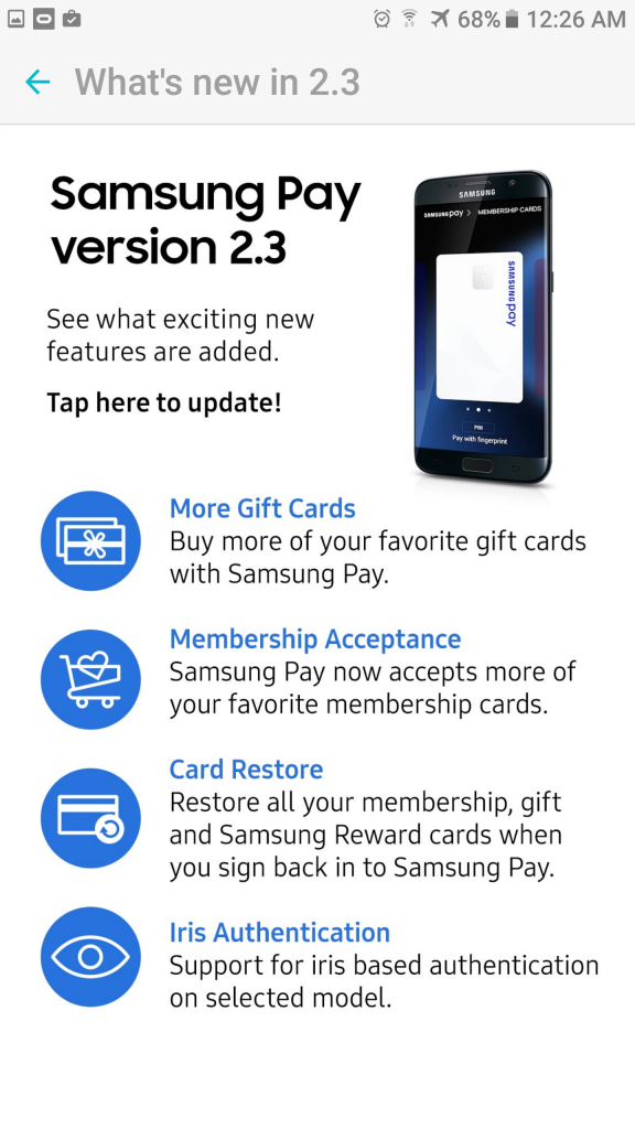 Samsung Pay 2.3 update iris authentication