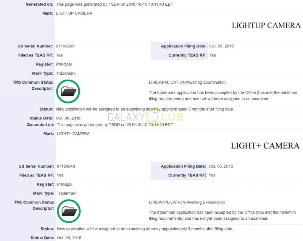 US dual camera trademark filing lightup camera light+ camera